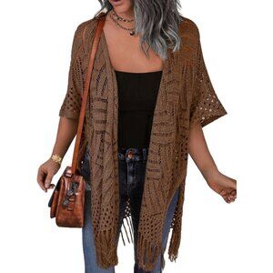HOTOUCH Brown Crochet Kimono Cardigan M | Boho Tassel Duster Open Knit